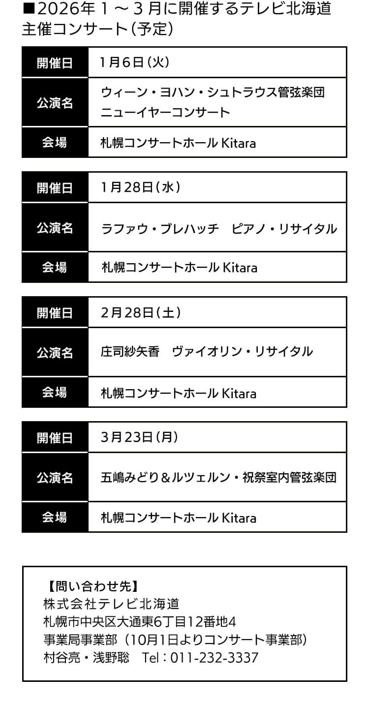 ■2026年1~3 月に開催するテレビ北海道主催コンサート(予定) 1月6日 火 ウィーン・ヨハン・シュトラウス管弦楽団ニューイヤーコンサート 札幌コンサートホールKitara 1月28日 水 ラファウ・プレハッチビアノ・リサイタル  札幌コンサートホールKitara 2月28日 土 庄司紗矢香 ヴァイオリン・リサイタル  札幌コンサートホールKitara 3月23日 月 五嶋みどり&ルツェルン・祝祭室内管弦楽団  札幌コンサートホールKitara 【問い合わせ先】テレビ北海道(札幌市中央区大通東6丁目12番地4)　事業局事業部(10月1日よりコンサート事業部) 村谷亮・浅野聡 Tel:011 -232-3337