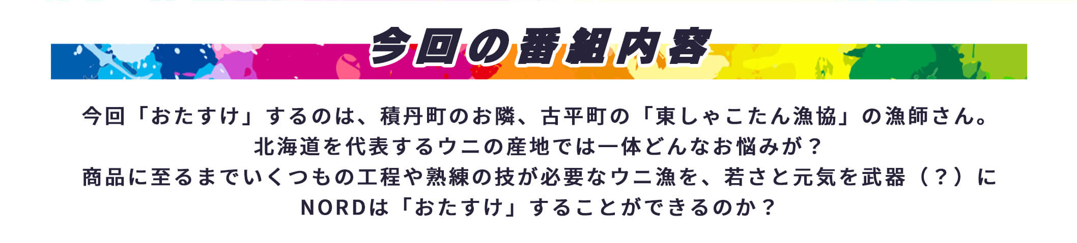 今回の番組内容。今回「おたすけ」するのは、積丹町のお隣、古平町の「東しゃこたん漁協」の漁師さん。北海道を代表するウニの産地では一体どんなお悩みが？商品に至るまでいくつもの工程や熟練の技が必要なウニ漁を、若さと元気を武器(?)にN0RDは「おたすけ」することができるのか？