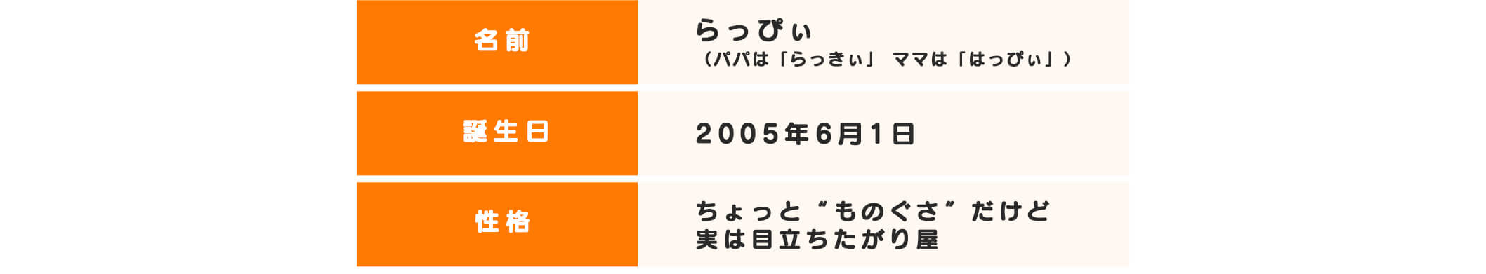 名前：らっぴい(ババは「らっきい」ママは「はっぴい」)。誕生日：2005年6月1日。性格：ちょっと”ものぐさ”だけど実は目立ちたがり屋